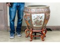 Chinese Export Rose Medallion Porcelain Jardiniere On Wood Stand