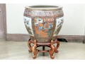 Chinese Export Rose Medallion Porcelain Jardiniere On Wood Stand
