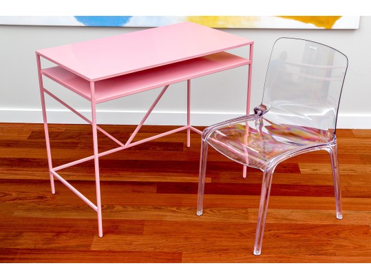 Chic Pink Finished Heavy Steel Desk With Leisuremod Lucite Desk Chair