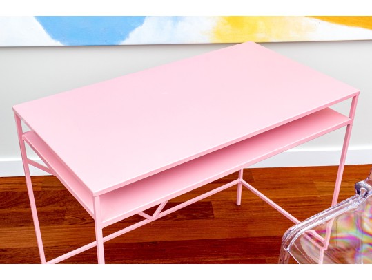 Chic Pink Finished Heavy Steel Desk With Leisuremod Lucite Desk Chair