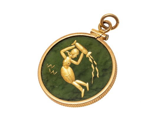 14k Yellow Gold Vintag Green Nephrite Jade Virgo Pendant