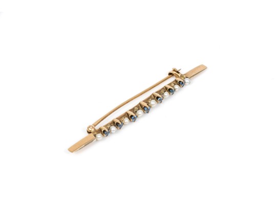 14k Yellow Gold Pretty Vintage Sapphire And Seed Pearl Bar Pin
