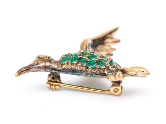 Sterling Silver Vermeil Charming Emerald Set Figural Hummingbird Brooch