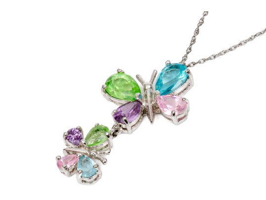 Sterling Silver Fabulous Multi-color Butterfly Motif CZ Pendant, With Chain