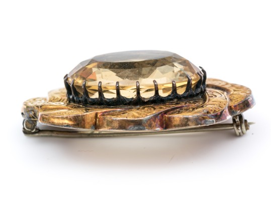 14k Yellow Gold And Silver Antique Pale Citrine Brooch, App. 19.56 CTS, Chased Border