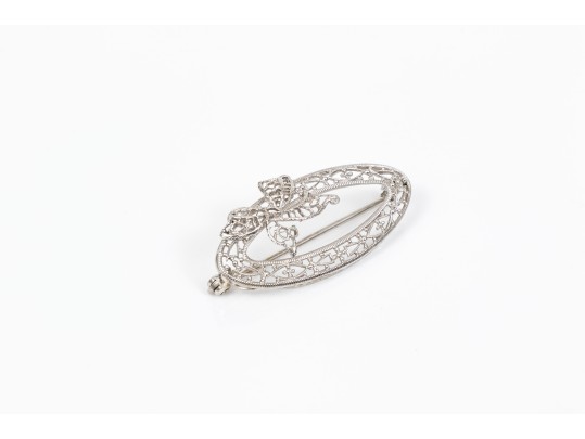 10k White Gold Lovely Vintage Oval Filigree Brooch, With Bow Motif