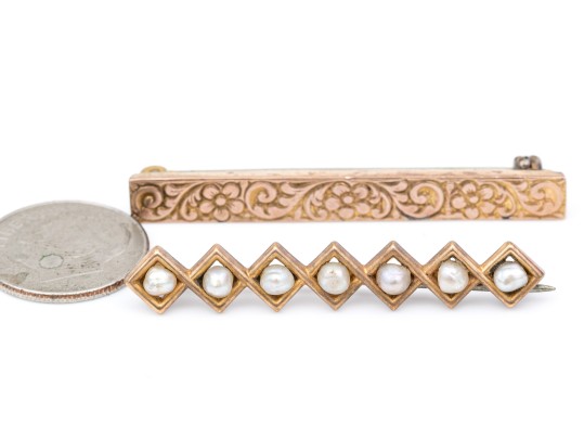 14k Yellow Gold Vintage Chased And Seed Pearl Bar Pins, Steel Pin Stems