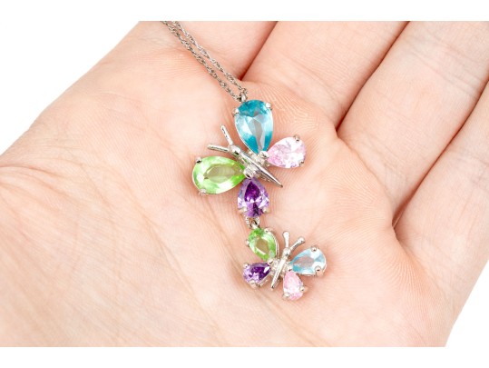Sterling Silver Fabulous Multi-color Butterfly Motif CZ Pendant, With Chain