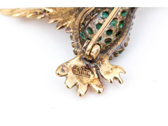 Sterling Silver Vermeil Charming Emerald Set Figural Hummingbird Brooch