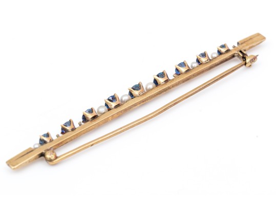 14k Yellow Gold Pretty Vintage Sapphire And Seed Pearl Bar Pin, App. 1.10 TCW