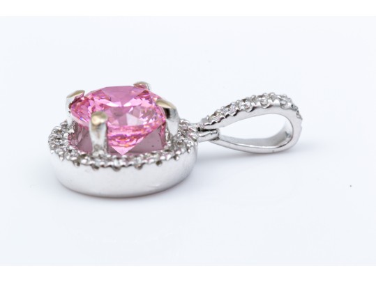 18k White Gold Pretty Pink Cz And Diamond Halo Pendant, App. 0.07 TCW