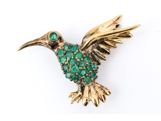 Sterling Silver Vermeil Charming Emerald Set Figural Hummingbird Brooch
