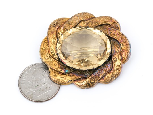 14k Yellow Gold And Silver Antique Pale Citrine Brooch, App. 19.56 CTS, Chased Border