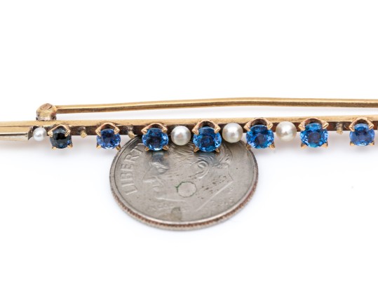 14k Yellow Gold Pretty Vintage Sapphire And Seed Pearl Bar Pin, App. 1.10 TCW