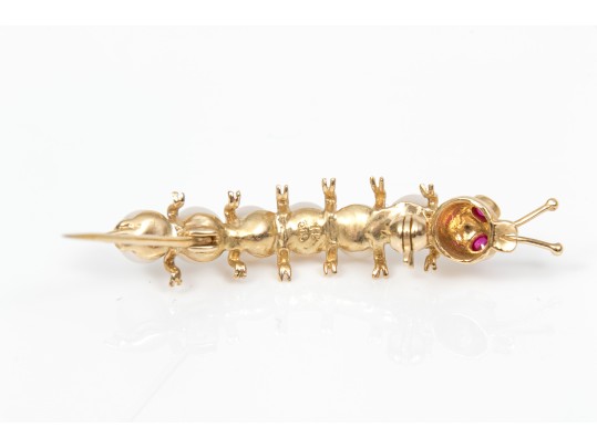 14k Yellow Gold Whimsical Cultured Pearl Caterpillar Brooch, Ruby Eyes