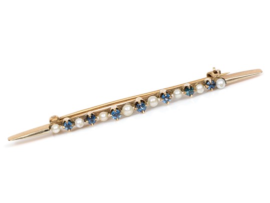 14k Yellow Gold Pretty Vintage Sapphire And Seed Pearl Bar Pin