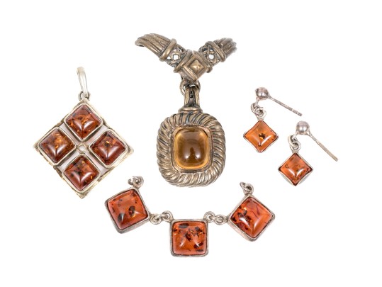 Assorted Lot Of Sterling Silver Amber Jewelry Pieces, Rounded Cushion Motifs
