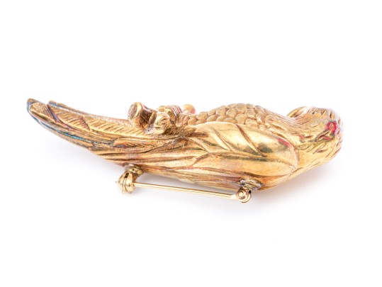 14k Yellow Gold Handsome Textured Figural Electroform Parrot Brooch