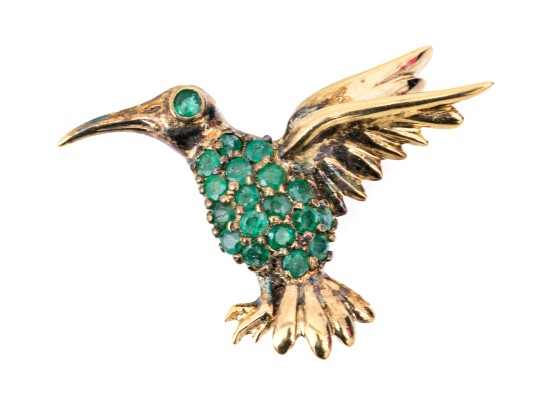 Sterling Silver Vermeil Charming Emerald Set Figural Hummingbird Brooch