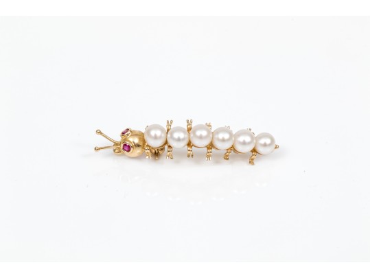 14k Yellow Gold Whimsical Cultured Pearl Caterpillar Brooch, Ruby Eyes