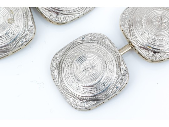 14k White Gold Elegant Vintage Patterned Rounded Square Cufflinks, Loose Links Style