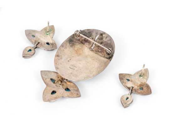 Beautiful Sterling Silver, Blue Topaz And Black Onyx Brooch/pendant And Earrings Set