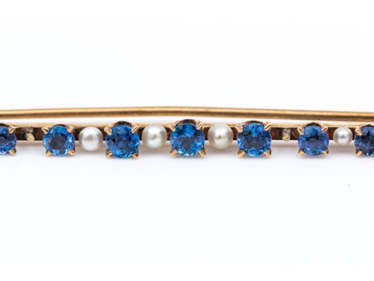 14k Yellow Gold Pretty Vintage Sapphire And Seed Pearl Bar Pin, App. 1.10 TCW