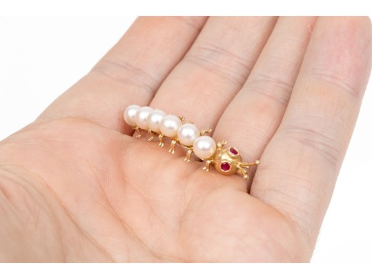 14k Yellow Gold Whimsical Cultured Pearl Caterpillar Brooch, Ruby Eyes