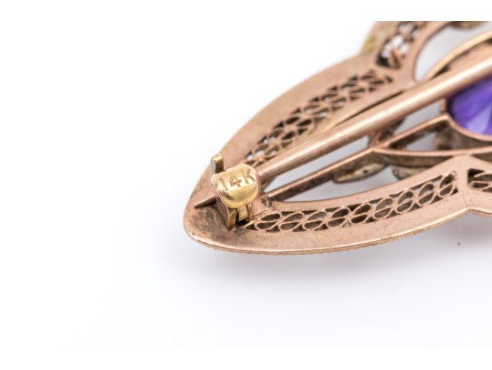 14k Yellow Gold Vintage Synthetic Purple Sapphire Filigree Scatter Pin