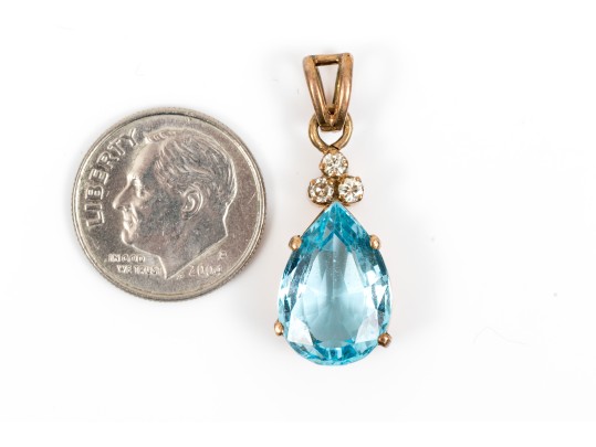 14k Yellow Gold Lovely Pear Shaped Blue Topaz App. 5.75 CTS, Topped With Diamonds