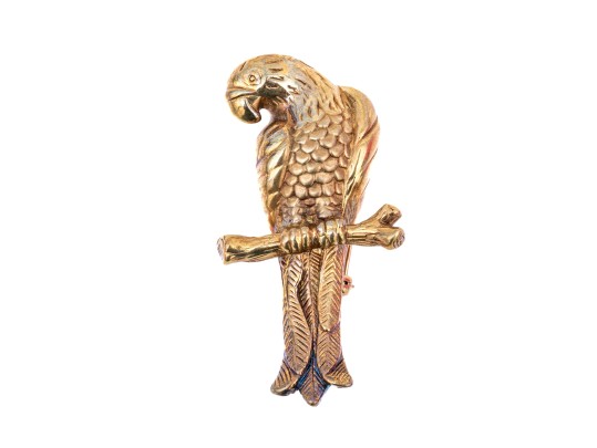 14k Yellow Gold Handsome Textured Figural Electroform Parrot Brooch
