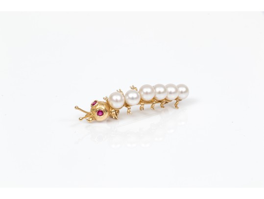 14k Yellow Gold Whimsical Cultured Pearl Caterpillar Brooch, Ruby Eyes
