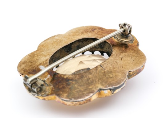 14k Yellow Gold And Silver Antique Pale Citrine Brooch, App. 19.56 CTS, Chased Border