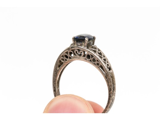 Sterling Silver Filigree Motif Sapphire Ring, Size 11