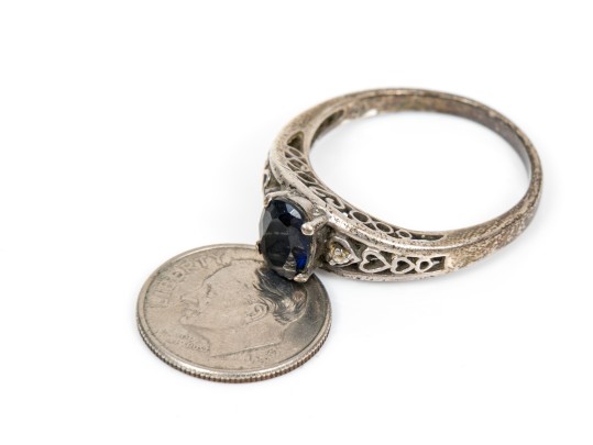 Sterling Silver Filigree Motif Sapphire Ring, Size 11