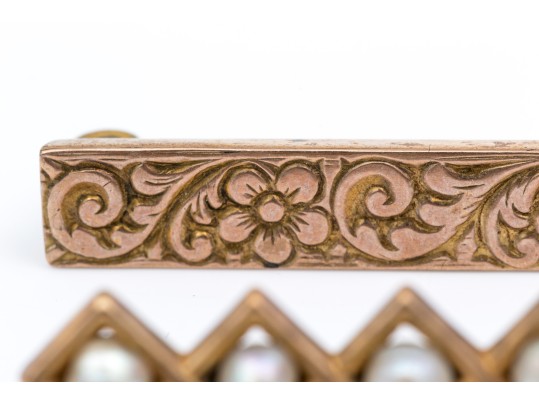 14k Yellow Gold Vintage Chased And Seed Pearl Bar Pins, Steel Pin Stems