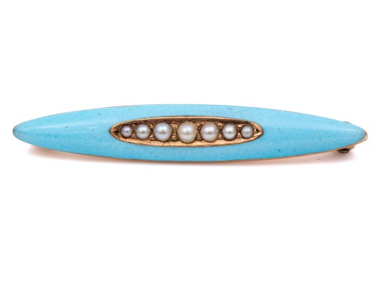 14k Yellow Gold Pretty Vintage Turquoise Blue Enamel Seed Pearl Scatter Pin