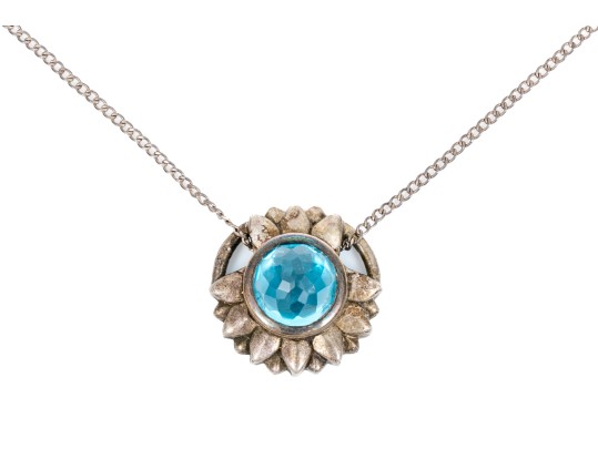 Sterling Silver Pretty Flower Motif Pendant, Blue Topaz Center, With Chain