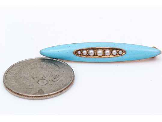 14k Yellow Gold Pretty Vintage Turquoise Blue Enamel Seed Pearl Scatter Pin