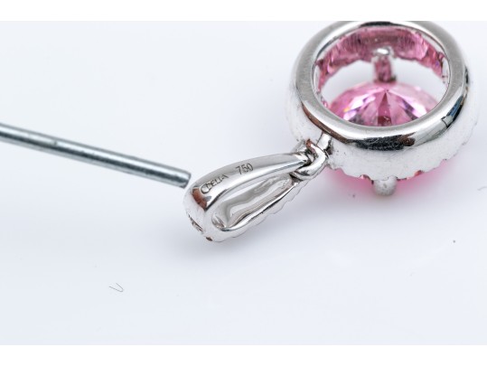 18k White Gold Pretty Pink Cz And Diamond Halo Pendant, App. 0.07 TCW