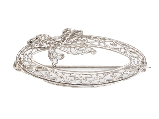 10k White Gold Lovely Vintage Oval Filigree Brooch, With Bow Motif