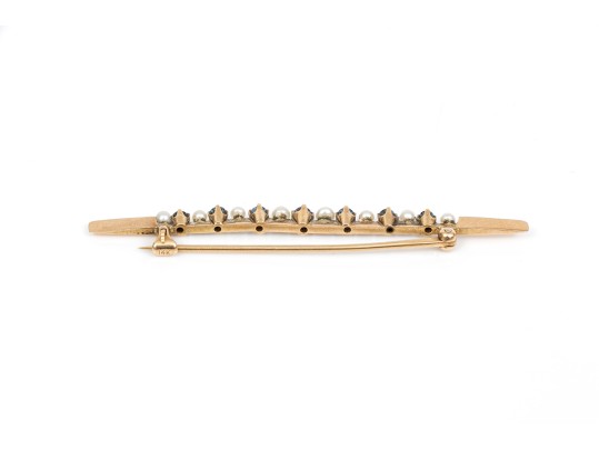 14k Yellow Gold Pretty Vintage Sapphire And Seed Pearl Bar Pin