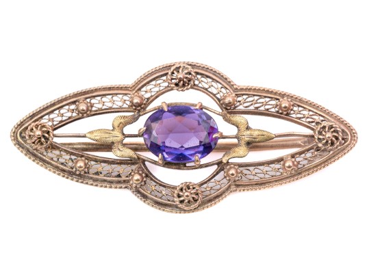 14k Yellow Gold Vintage Synthetic Purple Sapphire Filigree Scatter Pin