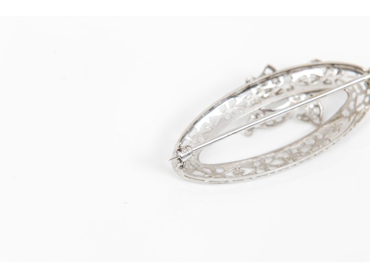 10k White Gold Lovely Vintage Oval Filigree Brooch, With Bow Motif