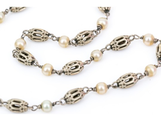 18k White Gold Handsome Alternating Filigree Bead And Seed Pearl Link Bracelet