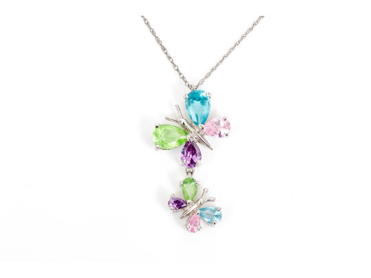 Sterling Silver Fabulous Multi-color Butterfly Motif CZ Pendant, With Chain