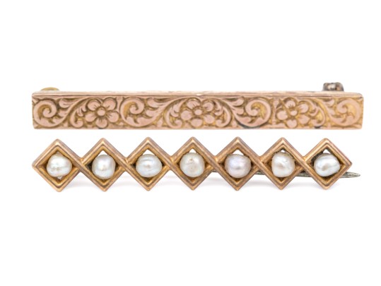 14k Yellow Gold Vintage Chased And Seed Pearl Bar Pins, Steel Pin Stems