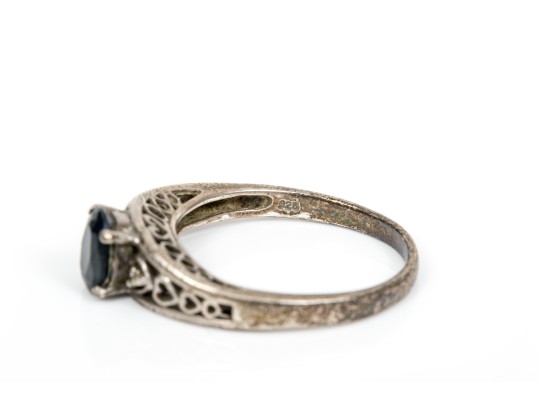 Sterling Silver Filigree Motif Sapphire Ring, Size 11