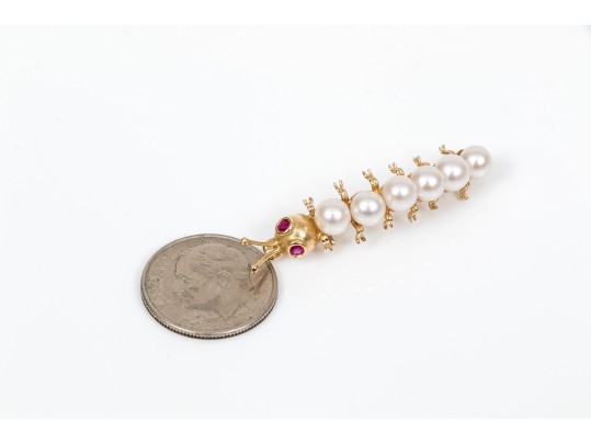 14k Yellow Gold Whimsical Cultured Pearl Caterpillar Brooch, Ruby Eyes