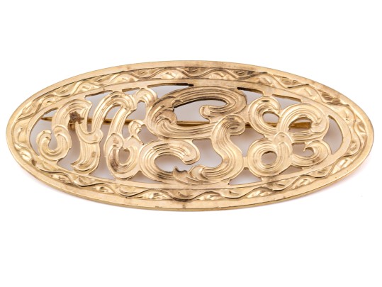 14k Yellow Gold Striking Vintage Chased MGl Monogram Brooch